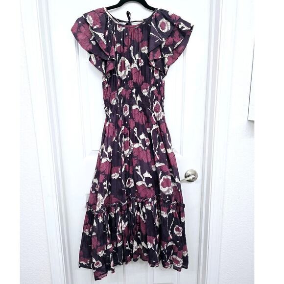 Cleobella Ellison Dress S Purple Floral Print Midi 100% Organic Cotton Smocked - Picture 2 of 12